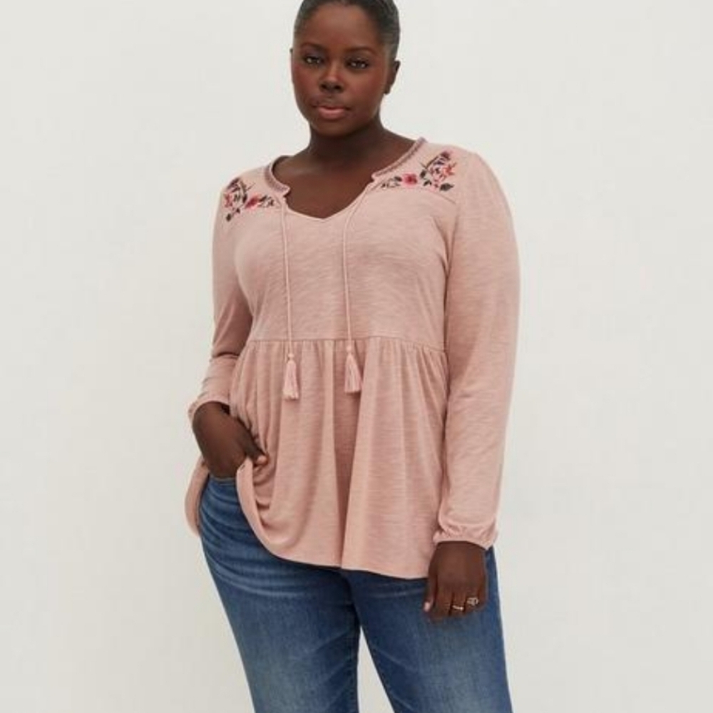 Torrid Babydoll Knit Notch Neck Embroidered Long Sleeve Top